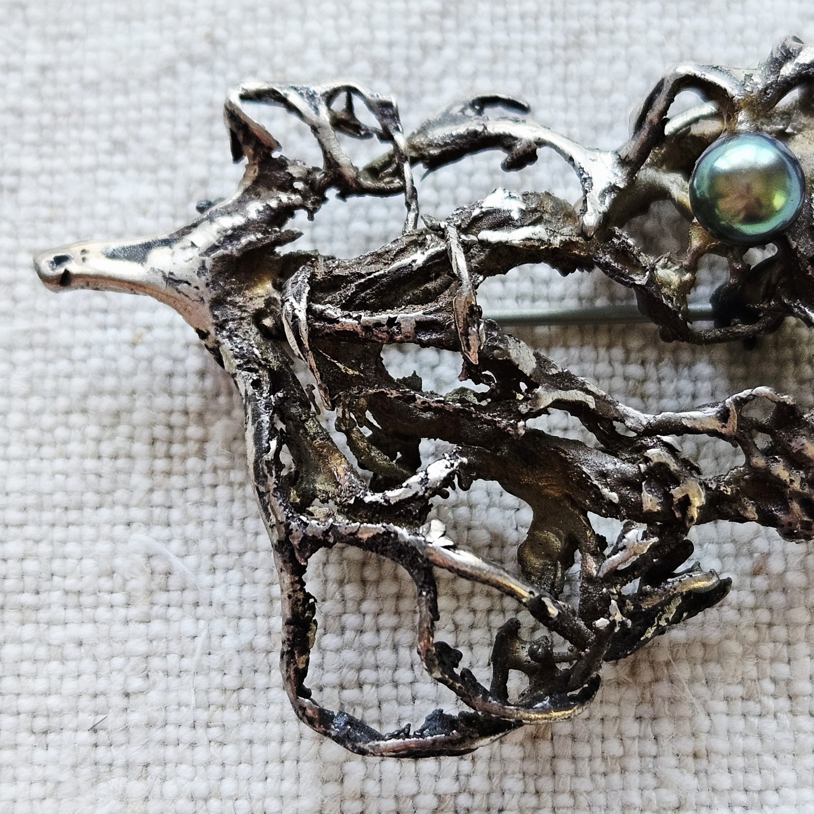 Vintage Modernist Mid-Century Brutalist Silver Brooch Pin Green Pearl