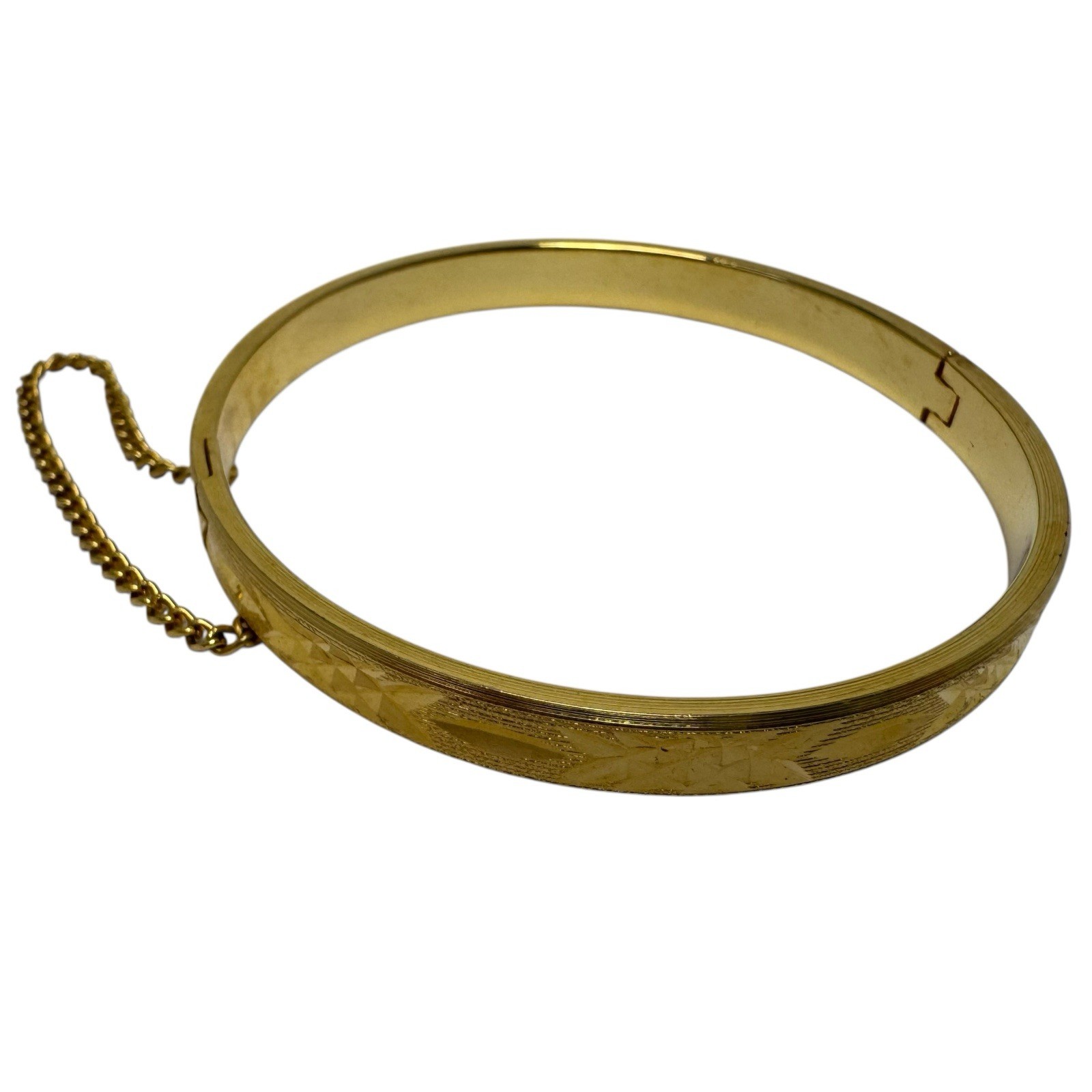 Vintage Gold Tone Hinged Bangle Bracelet Textured Finish w/ Diamond Cut Design