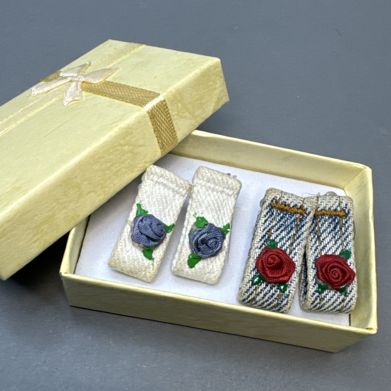 VTG Western Handmade Denim Beltloop Earrings Roses Unique Gift 2 Pair Pierced