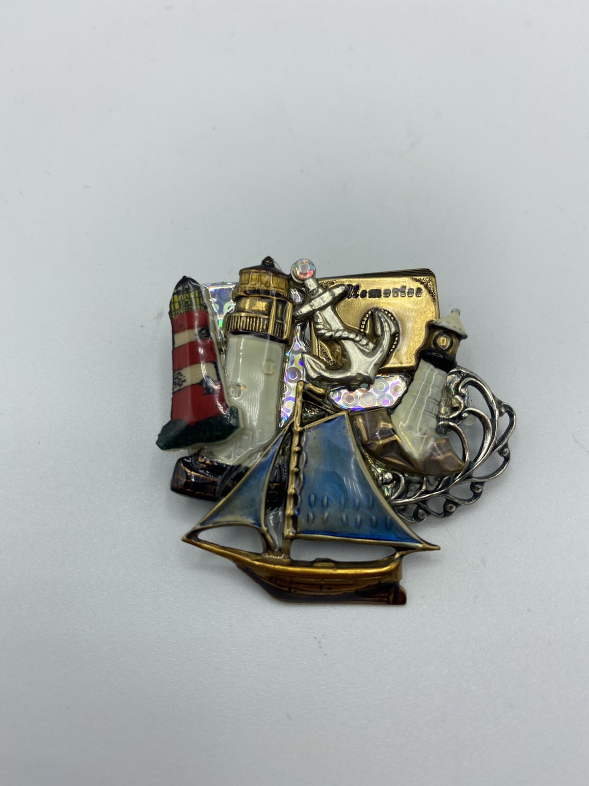 OCEAN SCENE Multicolor Nautical Pin/Brooch Vintage Boat Ship Lighthouse Anchor