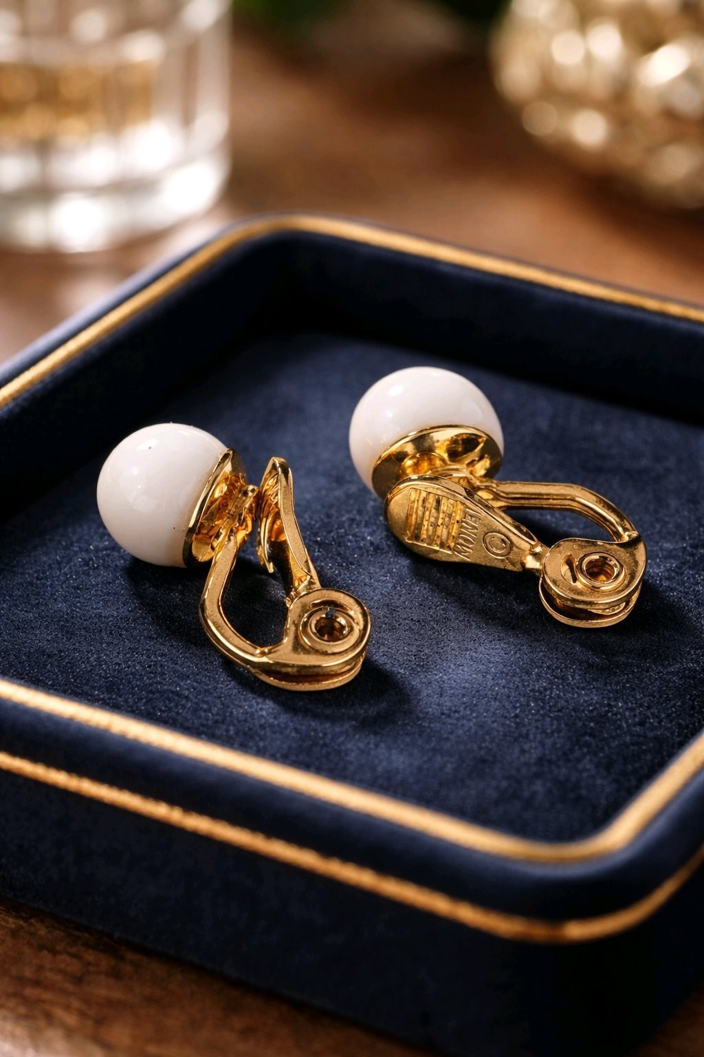 Vintage Monet 1950s Clip On Earrings Gold Tone with White Lucite Balls Beautiful