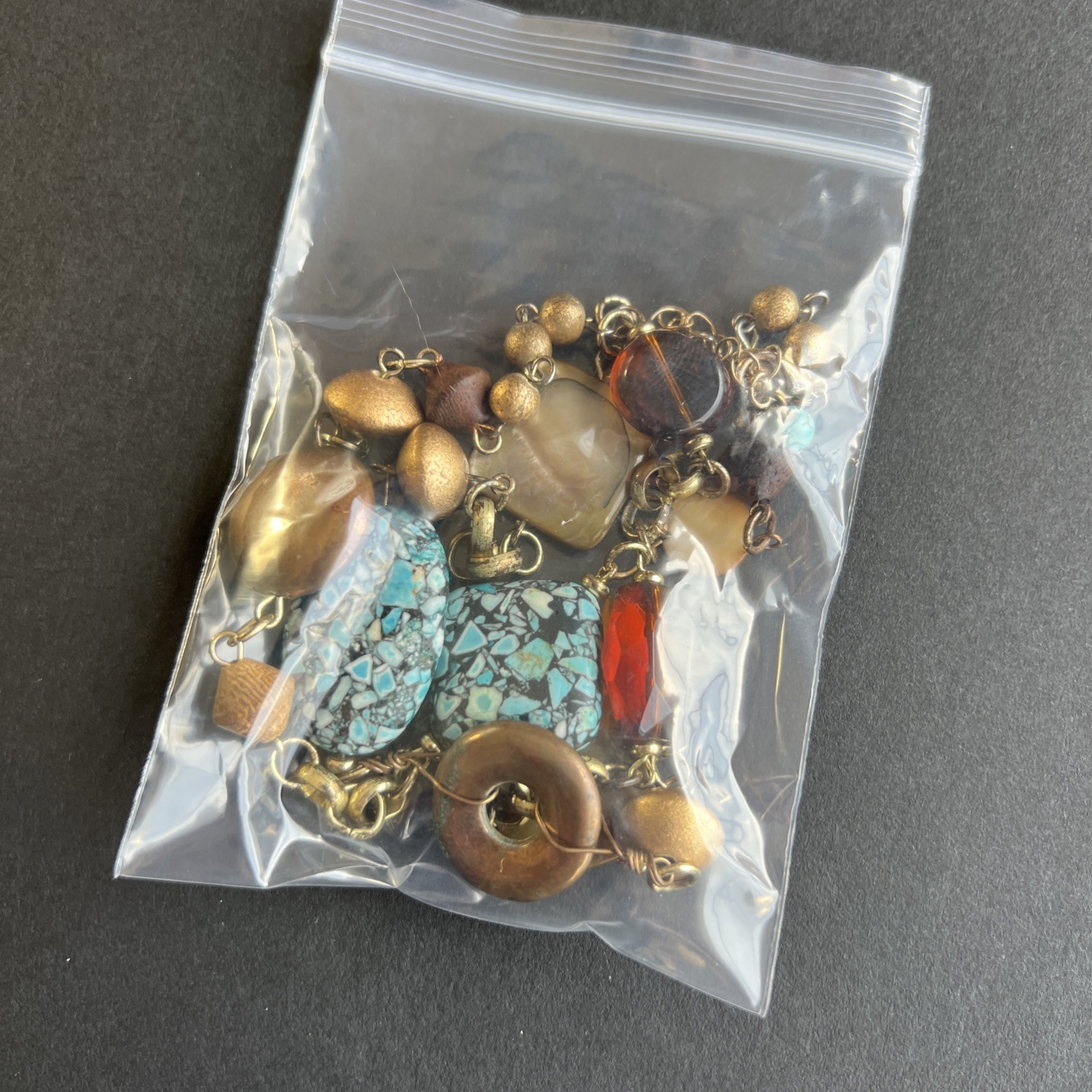 Vintage Turquoise Chip Inlay Beads Amber Mother of Pearl Abalone Bronze Necklace