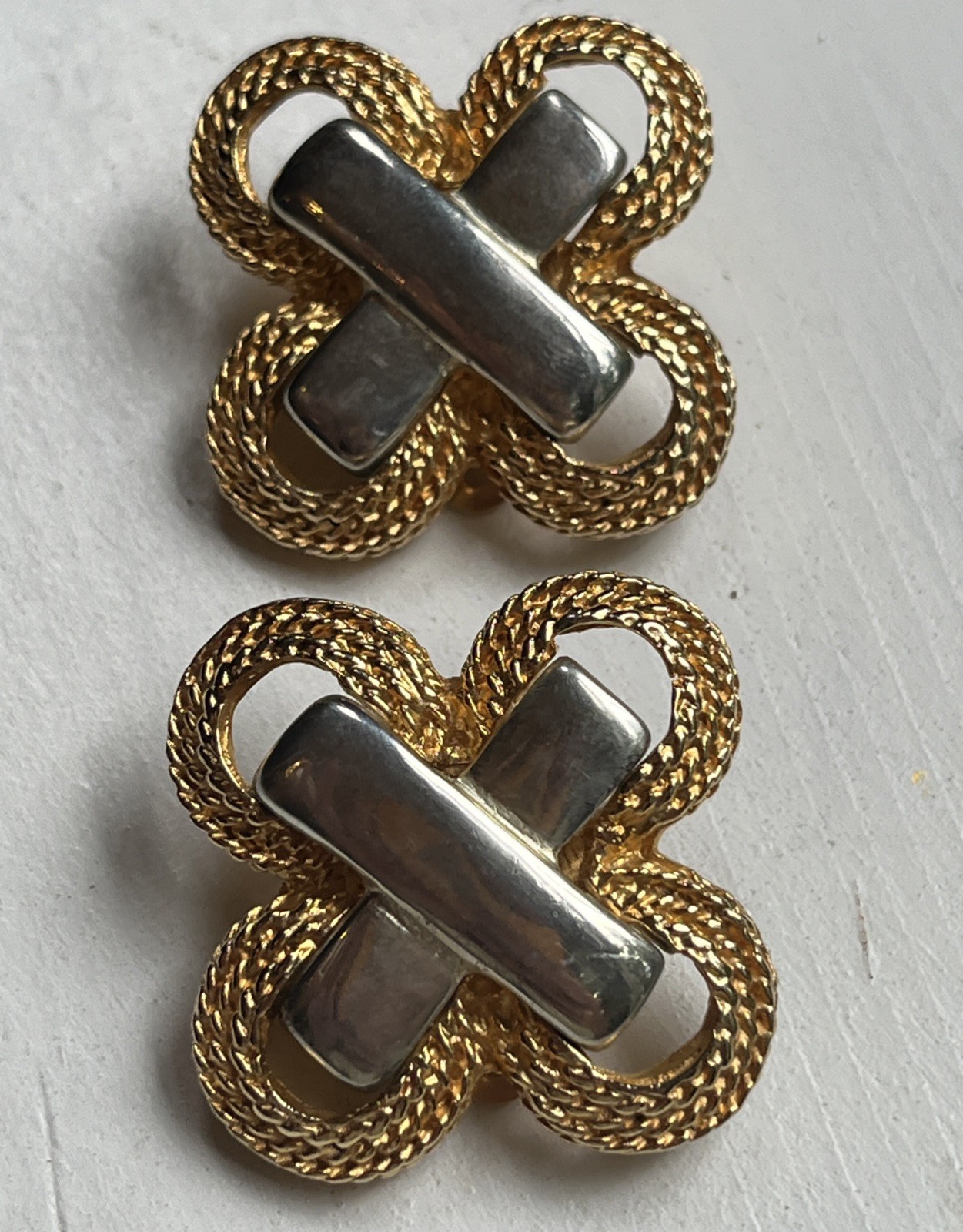 Vintage Gay Boyer Two Tone Gold Silver Braided Statement Clip On Earrings 1980s