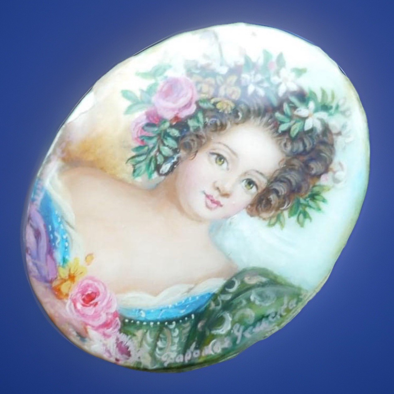 Vintage Gorgeous Hand Painted Lady Portrait on Mother of Pearl Signed Brooch