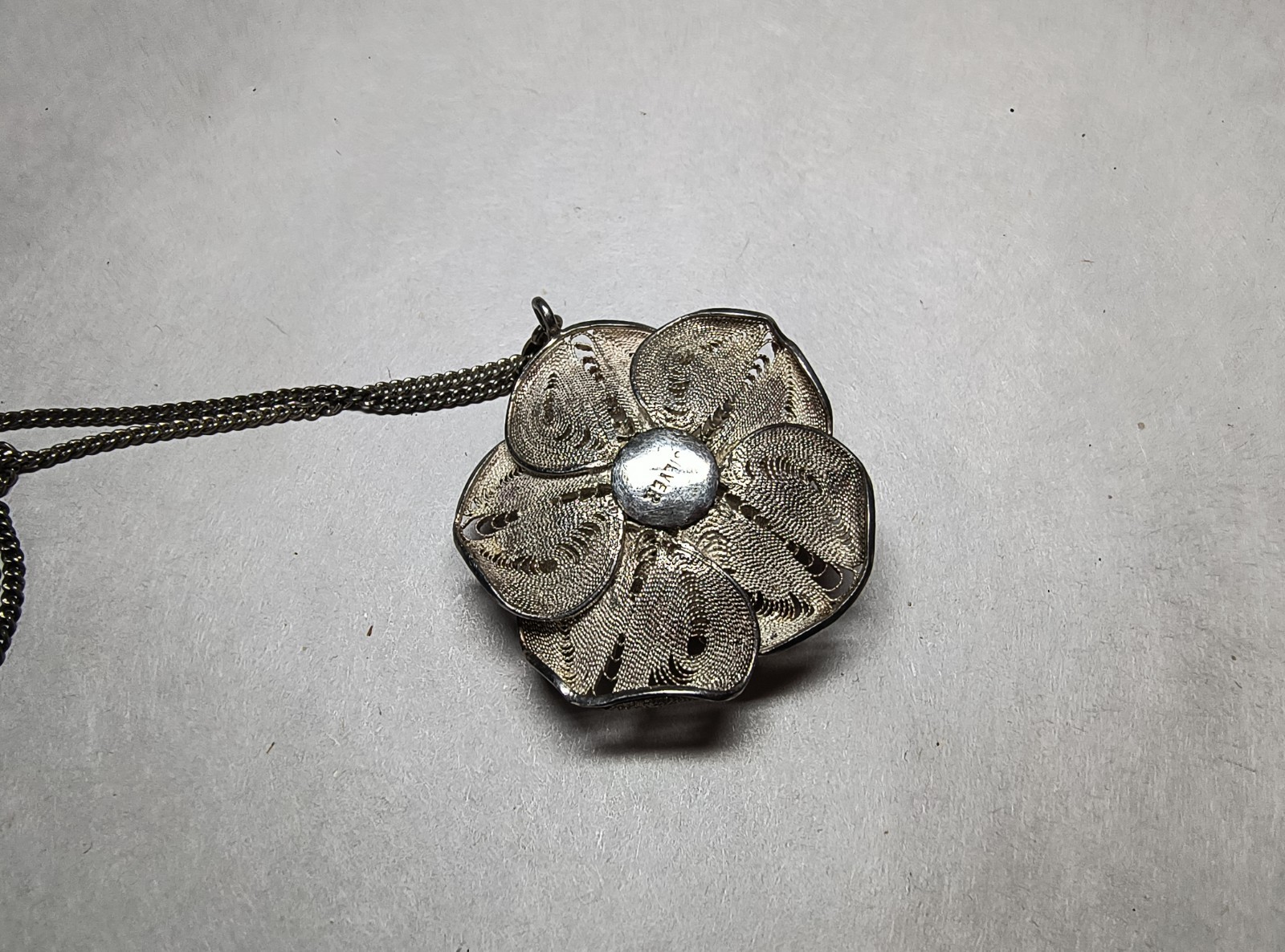 Vintage Sterling Silver Cannetille Filigree Flower Pendant + .925 Chain Necklace