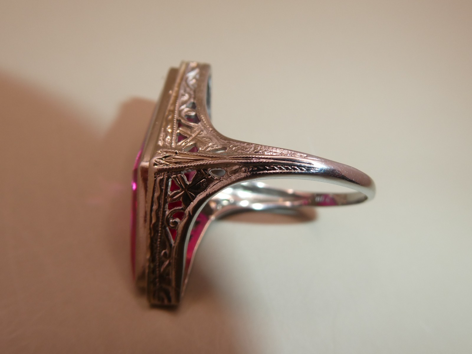 Antique Lozenge Shape of Period Syn. Ruby 18k Filigree Ring Size 5.5. 5.8g L59