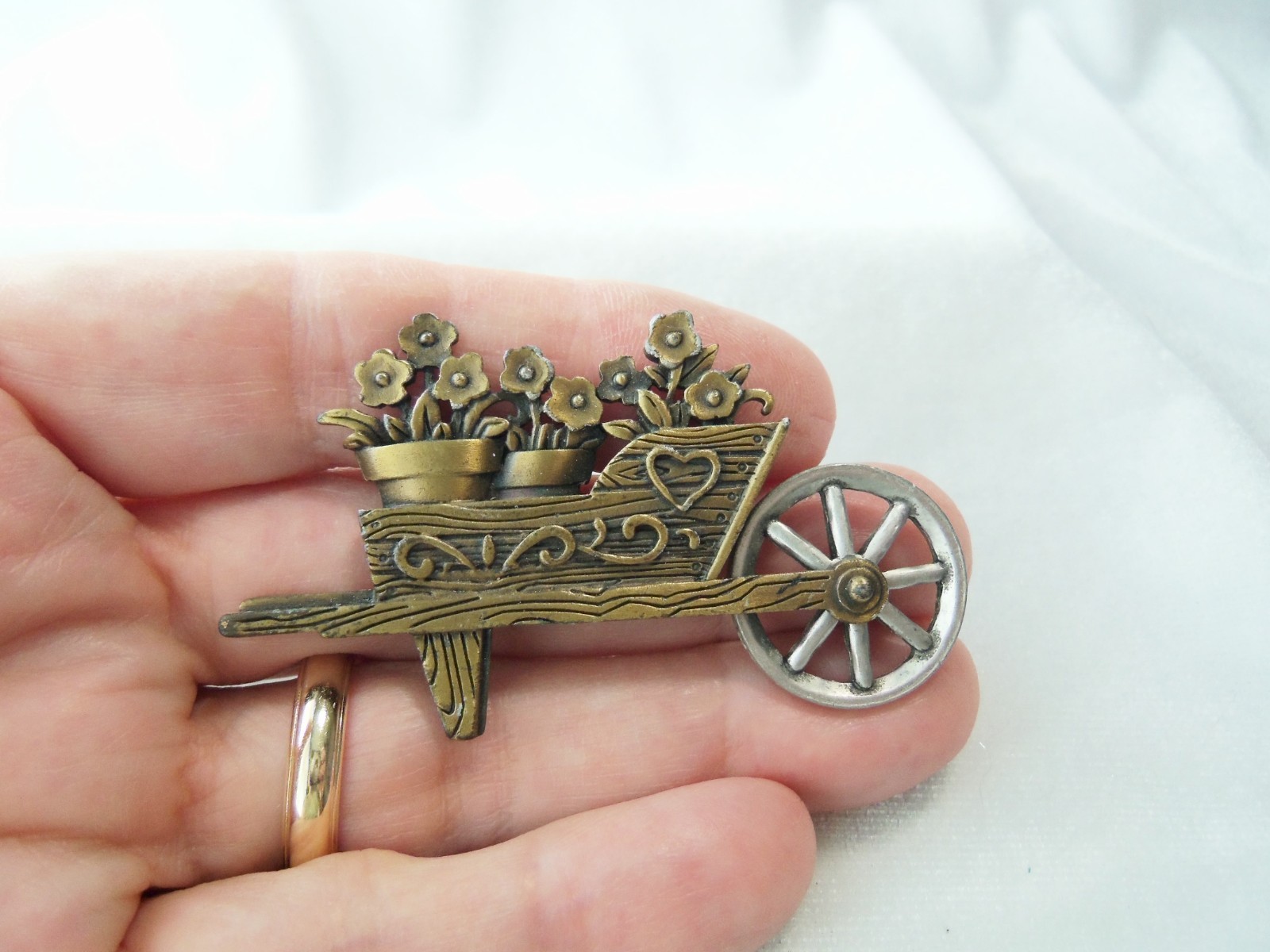 Vintage JJ Jonetta Flower Wheelbarrow Two Tone Metal Moving Brooch