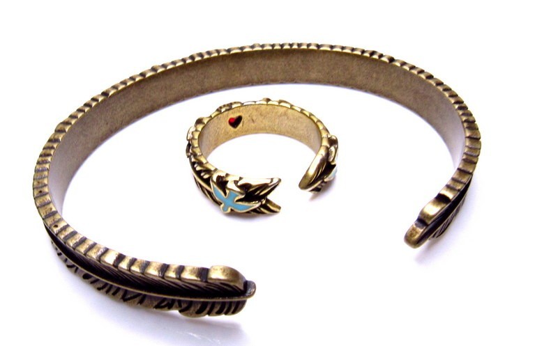 Garnet Silver Enamel Ring Bracelet SET Birds Hearts