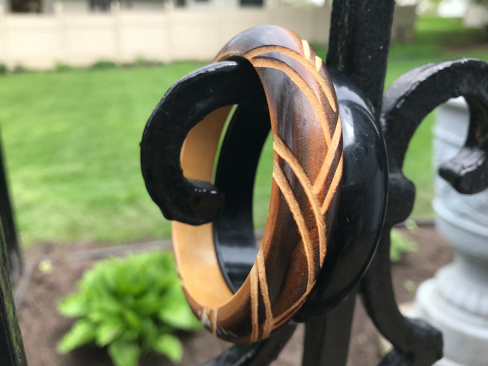Vintage Bangles Mixed Pair, Lucite and Wood