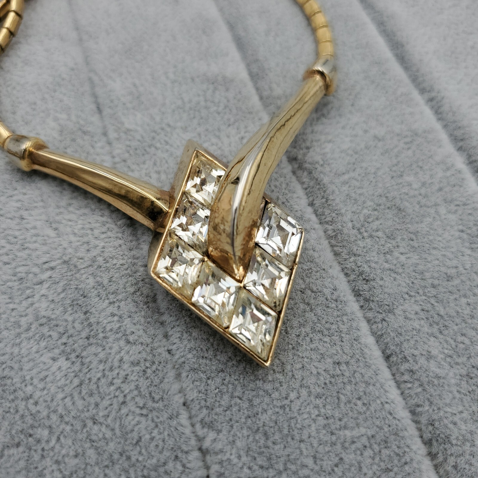 Trifari Alfred Philippe Gold Necklace Clear Rhinestone Lozenge Choker Channel