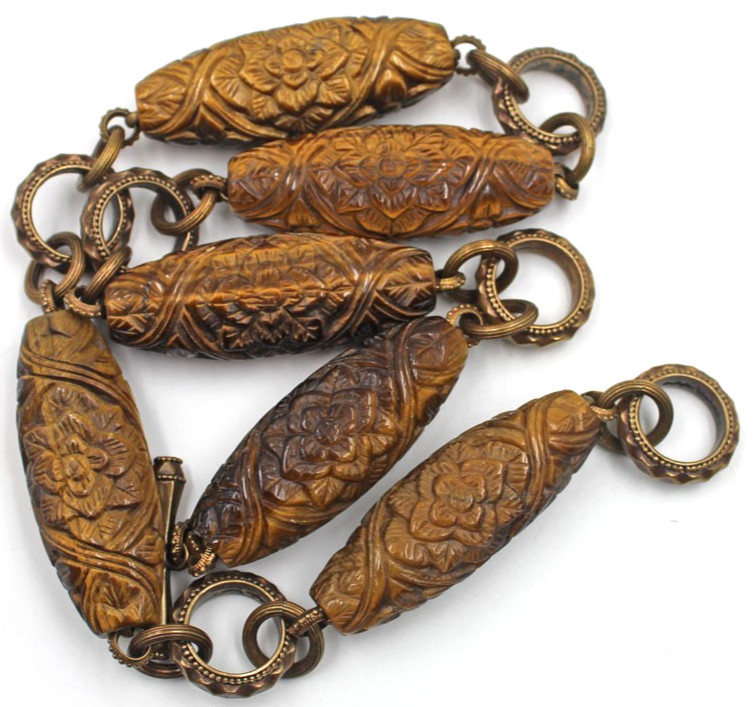 Stephen Dweck Bronze & Carved Floral Tiger’s Eye Station Pendant Necklace 23.25″
