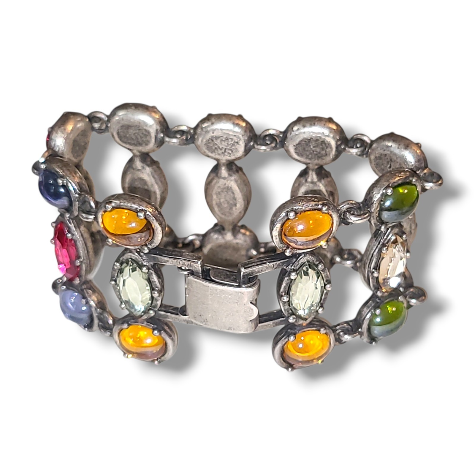 Vintage Gripoix Style Glass Cabochon Panel Bracelet 7.5″ Silver Tone Multicolor