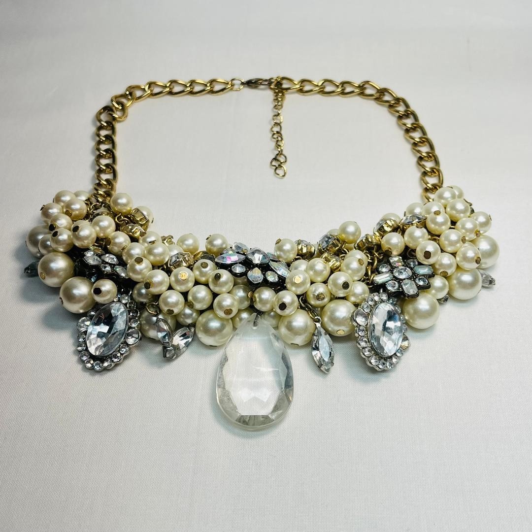 VTG 18″ Rhinestone Faux Pearls Choker Collage Gold-Tone Chain Lobster Claw Clasp