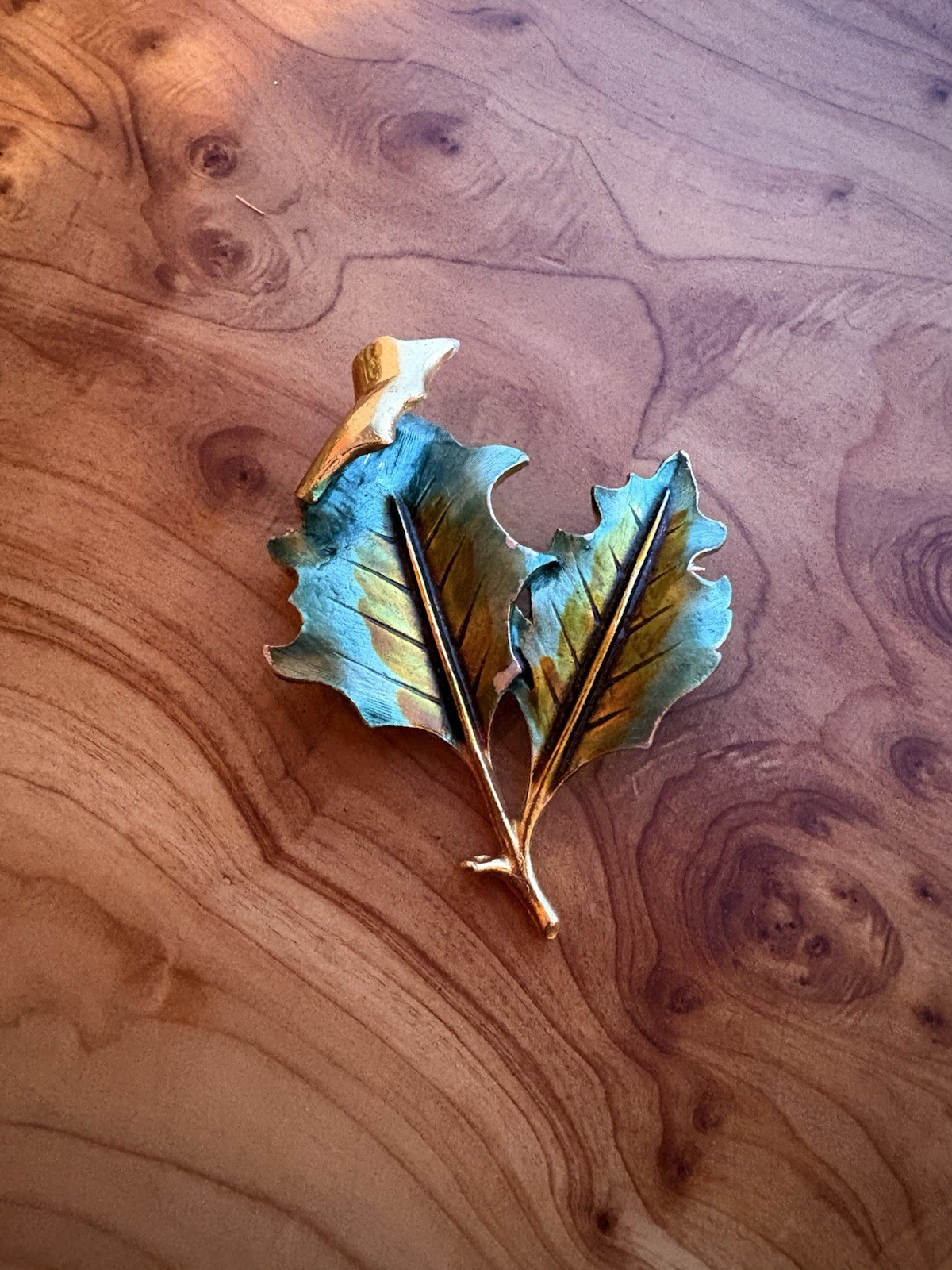Exquisite Vintage Leaf Brooch Green Enamel Heavy Gold Gilt Finish 2”