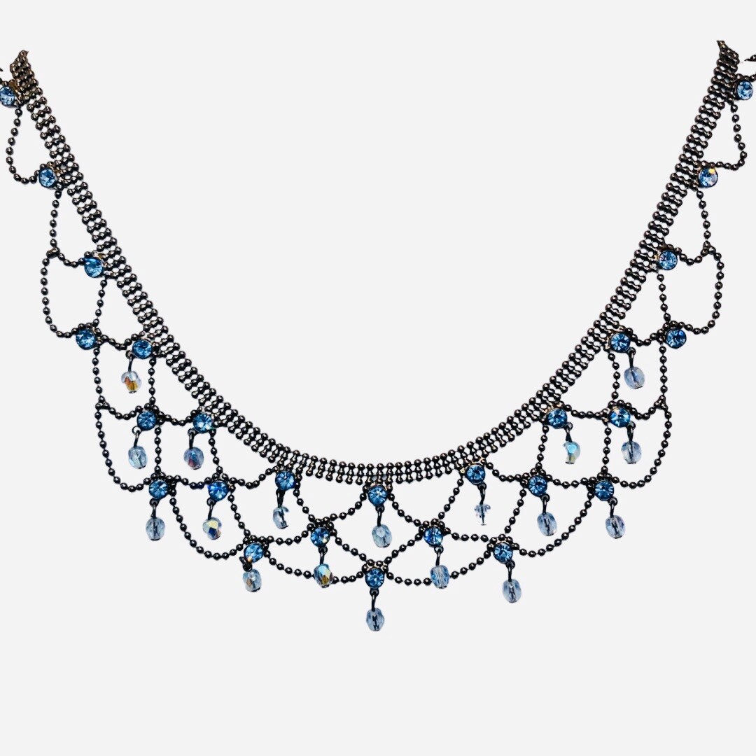 Lia Sophia Necklace Blue Rhinestone Lace 17.5″ Bead Formal Fringe Webbed