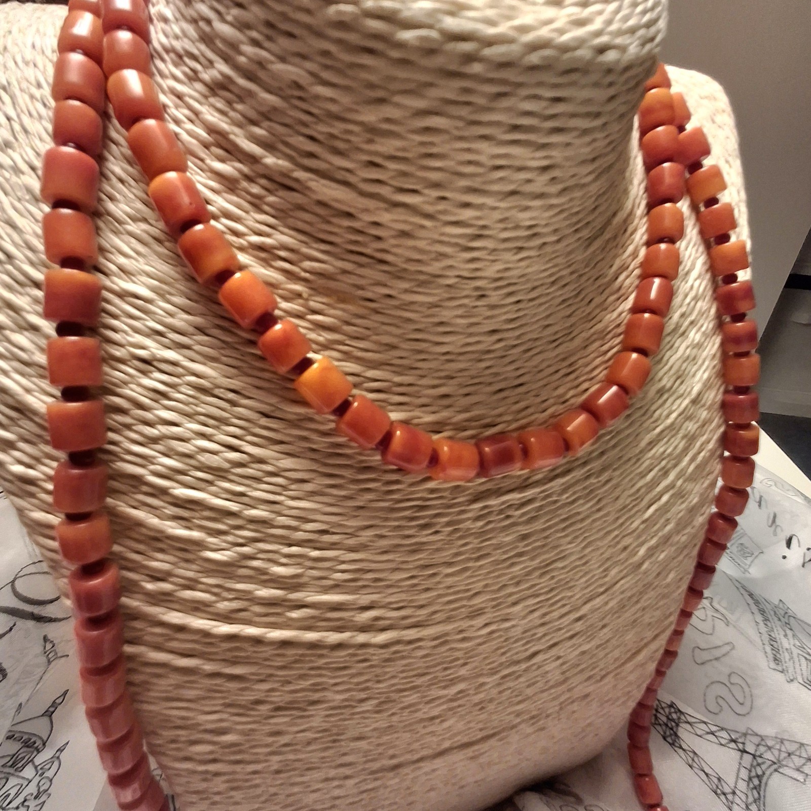 Vintage Necklace Genuine Orange Coral Barrel Red Glass Bead Spacers RARE 49″ ^