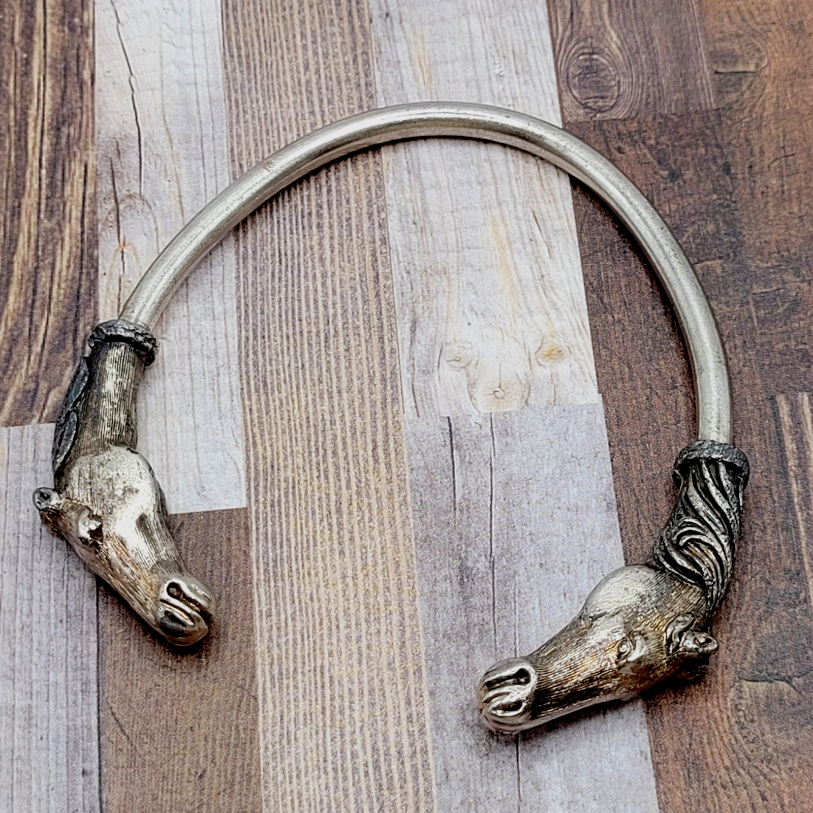 Double Horse Head Pewter Plated Copper w Patina Vintage 70s Torque Cuff Bracelet