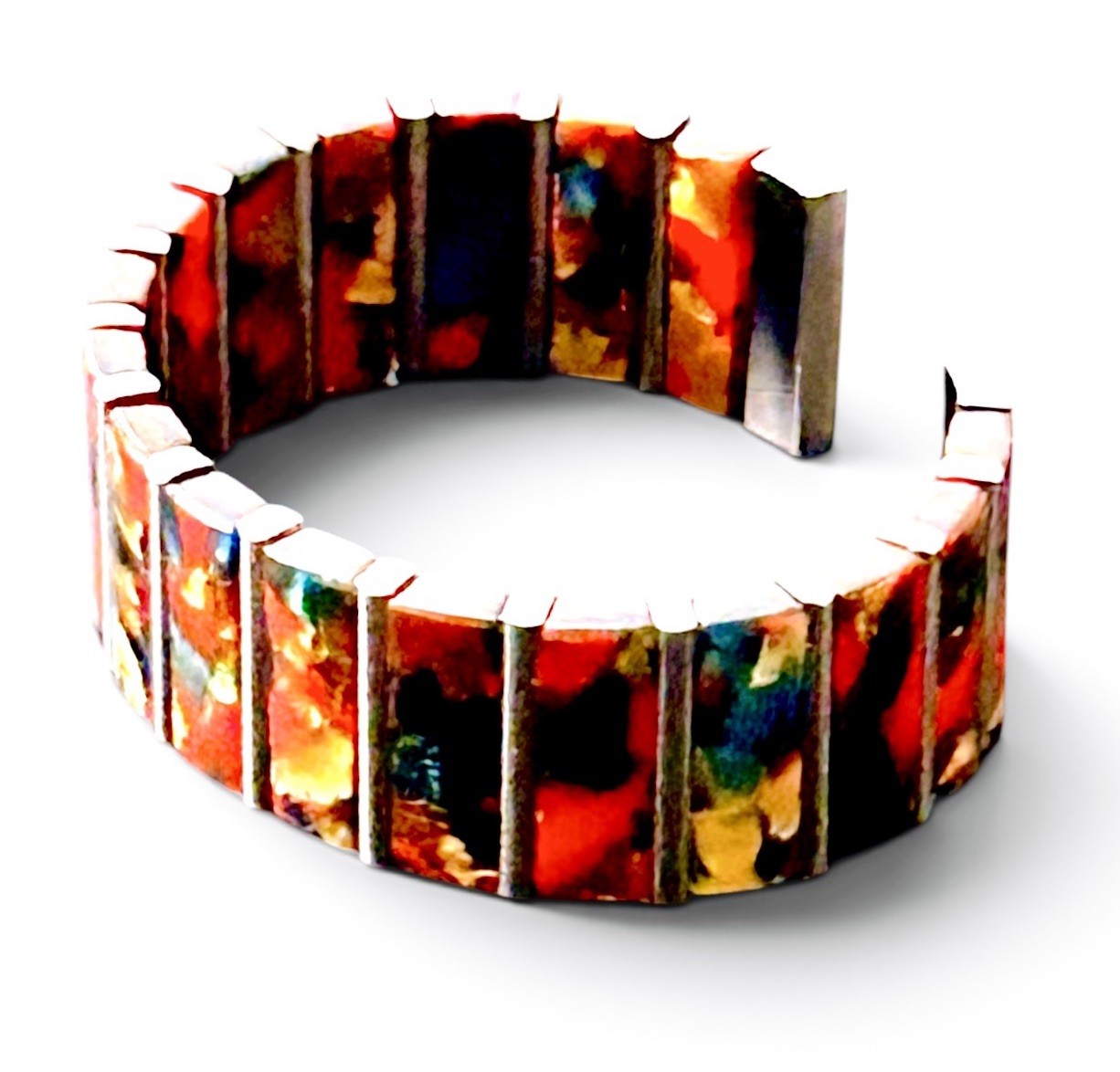 Vintage Acrylic Stretch Cuff Bracelet Marbled Red Gold Blue Silver Tone Bars Y2K