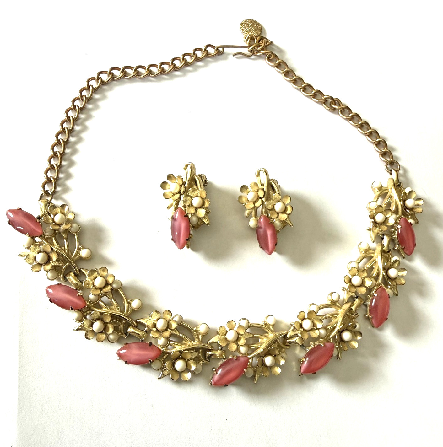 Vintage Floral Cluster Necklace and Clip On Earrings Set W/ Pink Marquis Stones