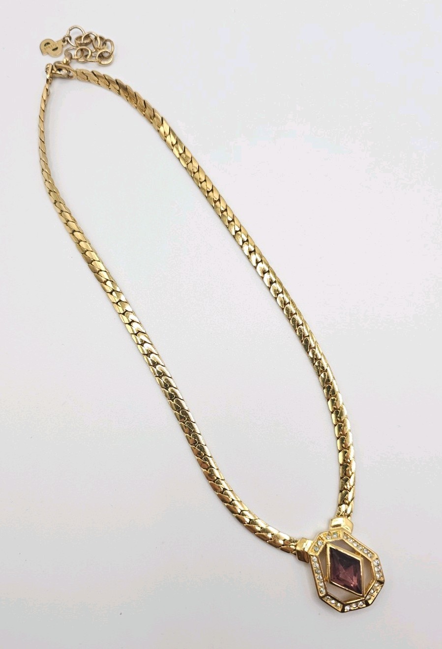 Vintage Christian Dior Gold Tone Necklace w/Purple Lozenge Cut Stone