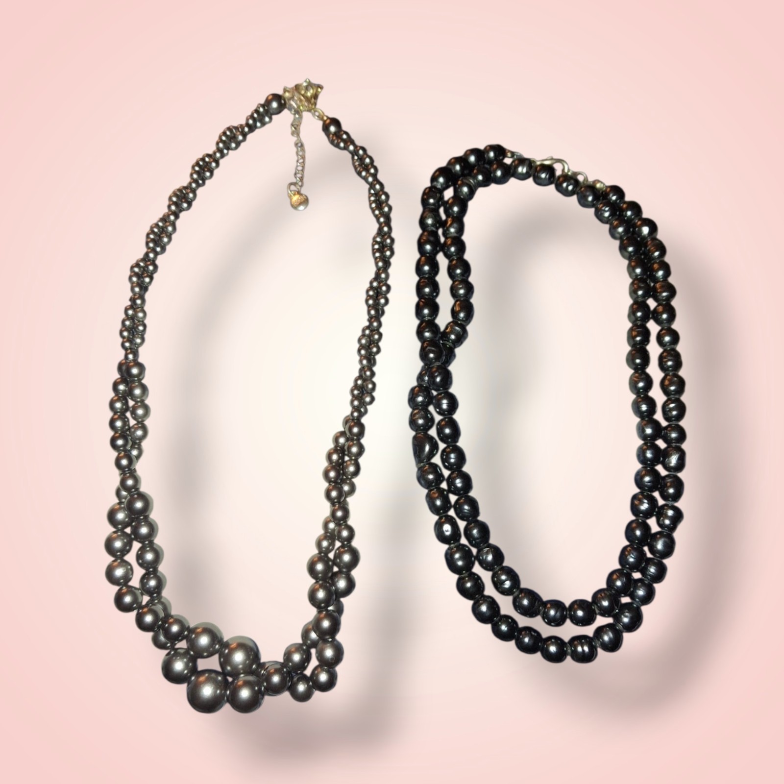 2 Vintage Strands Faux Pearls beads 1-rmn 1-unsigned 16in and 28 approx silvert