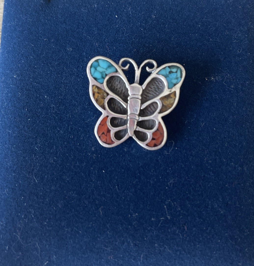 VTG Pendant Butterfly Sterling Silver Turquoise Coral Chip Inlay Southwestern 4g