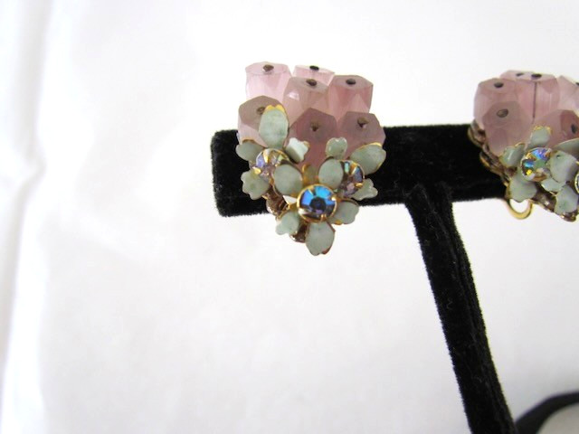 Vintage Sandor Earrings Rose Quartz Floral Cluster Enamel AB Rhinestones RARE