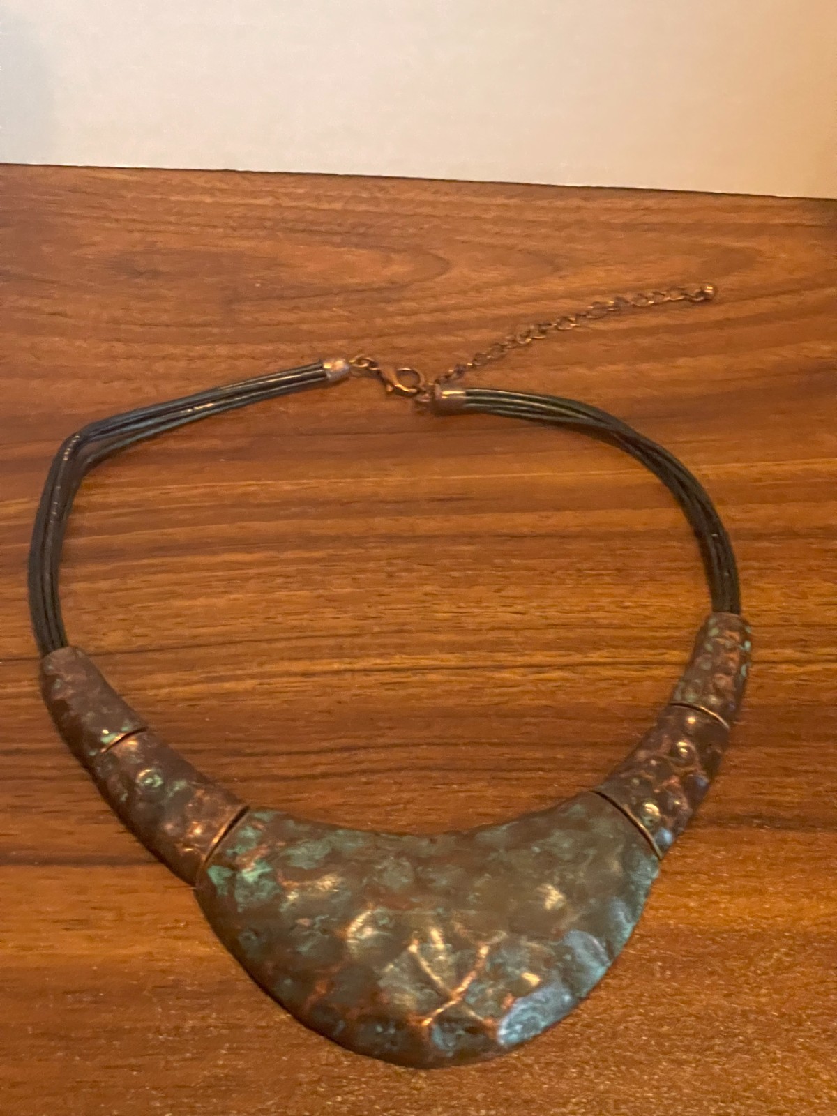 Brutalist Boho Verdigris Patina Chunky Hammered Copper Necklace and Earring Set
