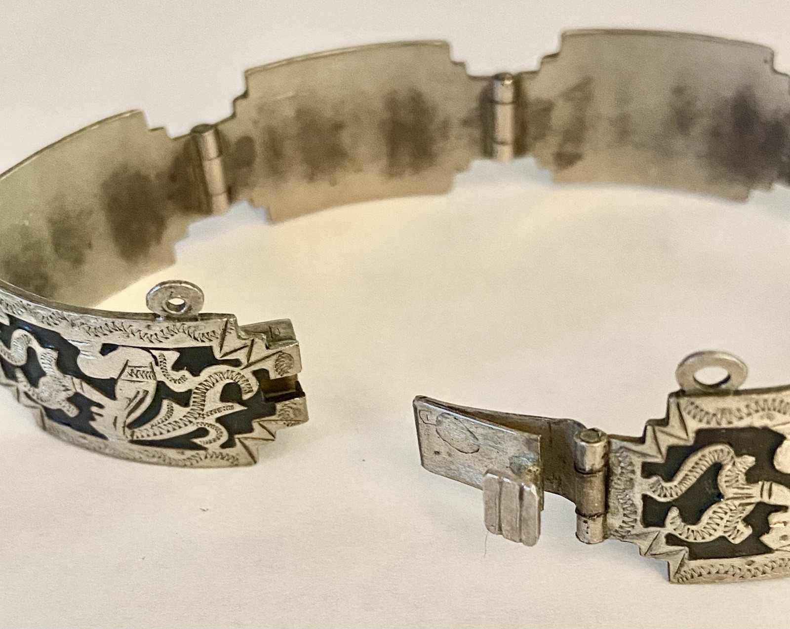 Antique Handmade Silver 925 Guatemala Geometric Link Bangle Bracelet