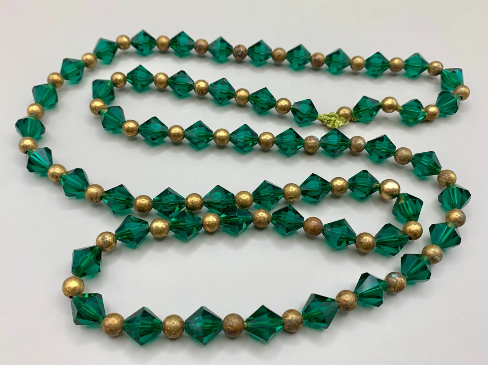 Art Deco Glass Beads Necklace Evergreen Bicone Brass Beads Long 36″ READ