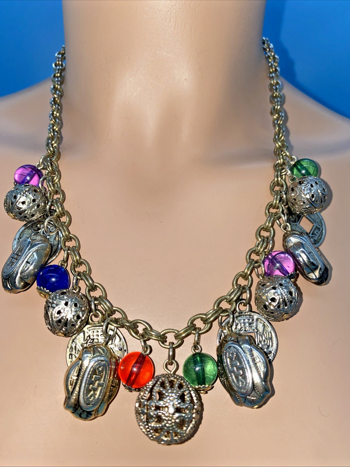 Oriental Charm Choker 20” Necklace Silver-Tone Chain Faux Coins Beads VTG