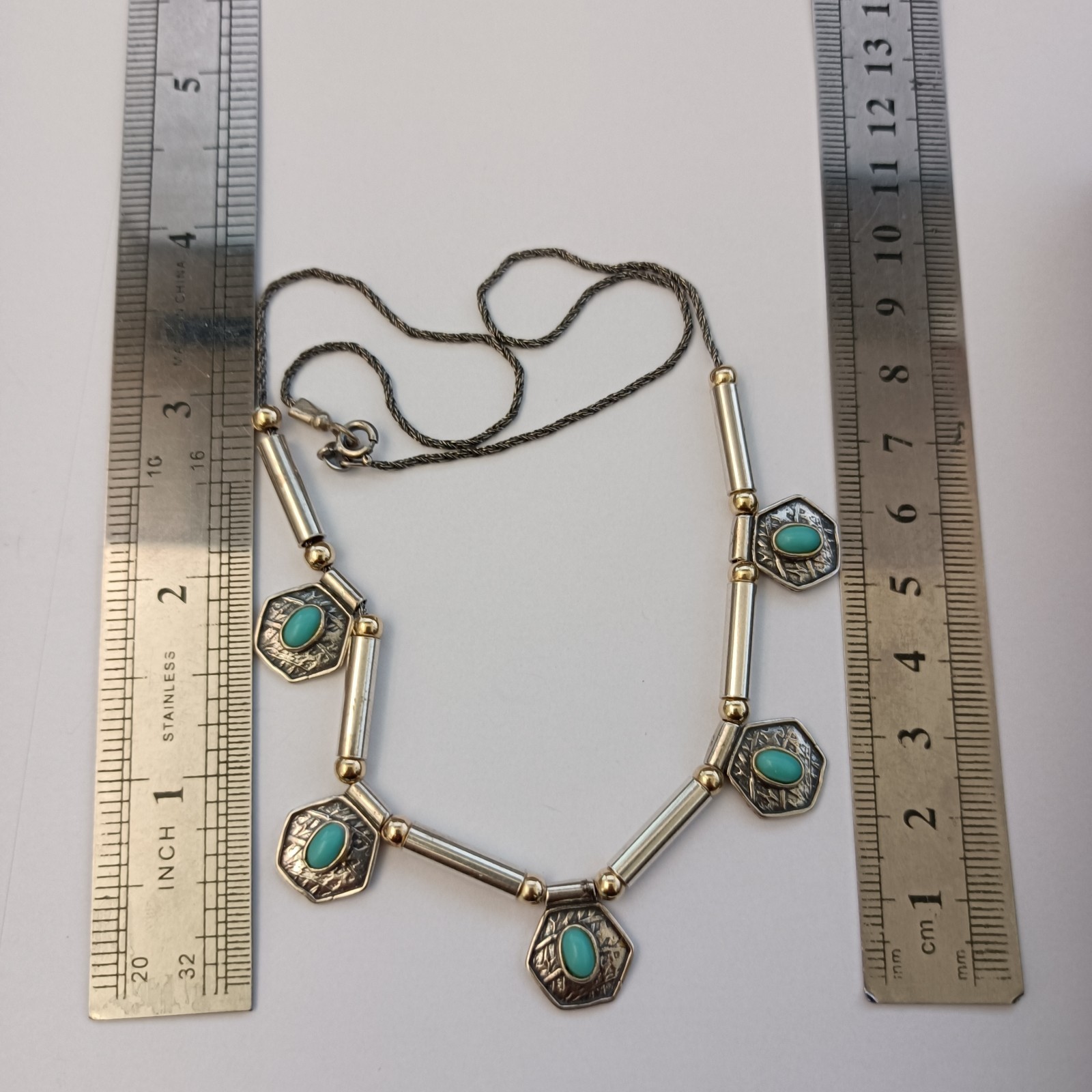 Vintage Artisan Necklace Sterling Silver 10k Gold Bead Geometric Drops Turquoise