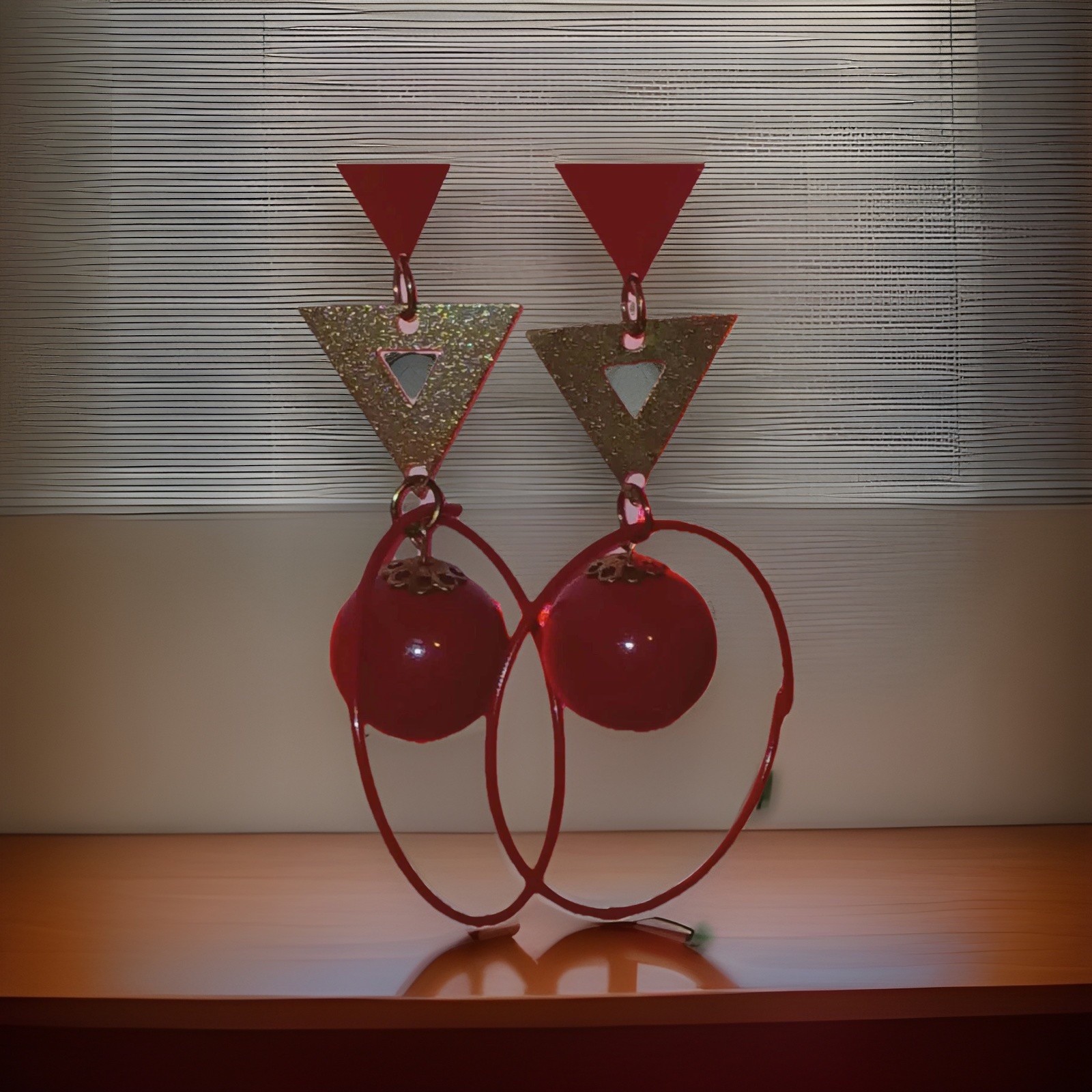 Vintage Red And Gold Tone Triangle & Circle Dangle Earrings