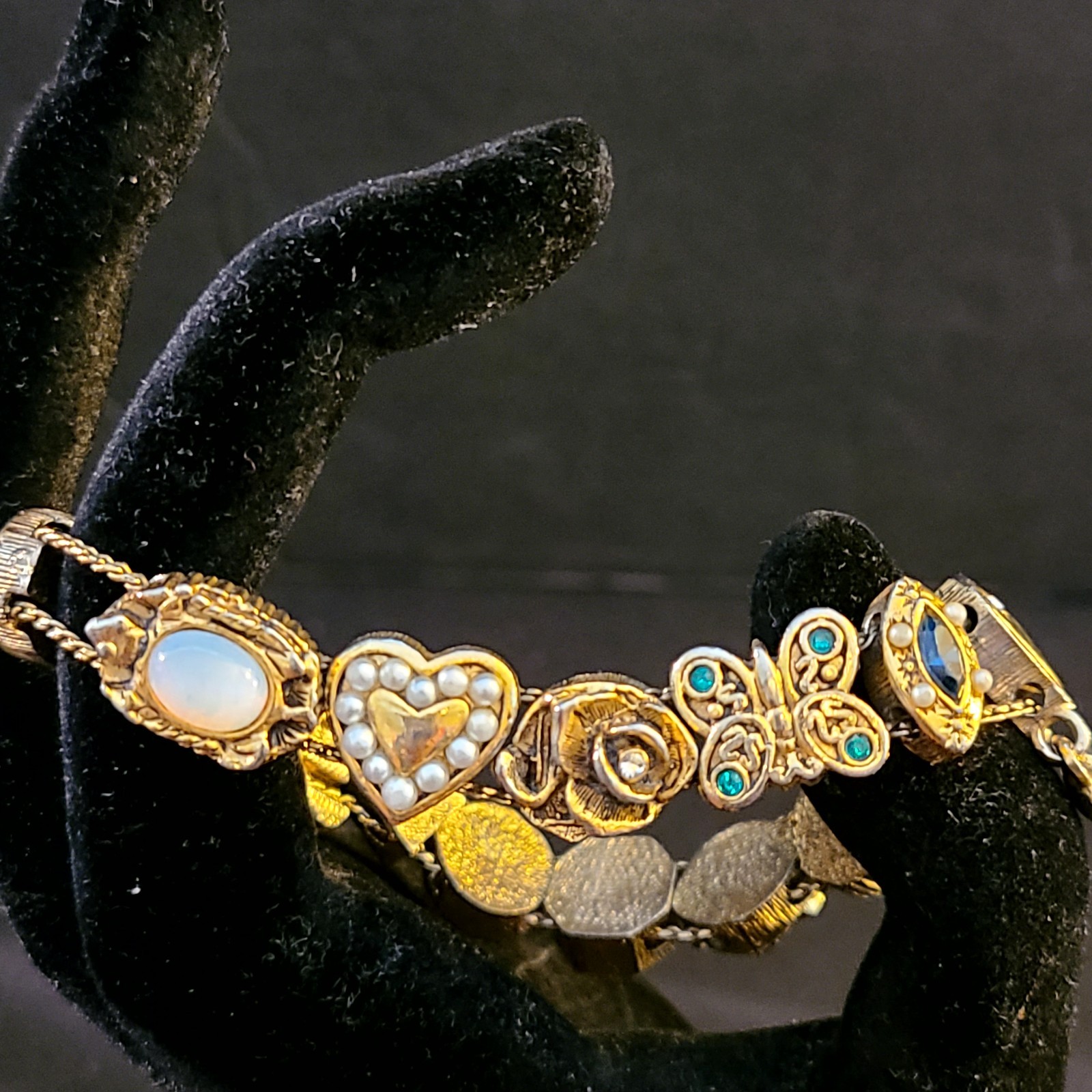 Vintage Victorian Gold Tone Slide Bracelet (14) Charms Mom Cameo Butterfly Heart