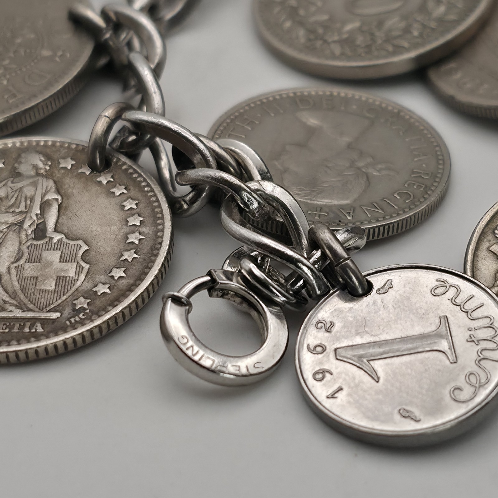 LeStage Sterling Silver Coin Charm Bracelet 58g Mid Century Estate Jewelry Euro
