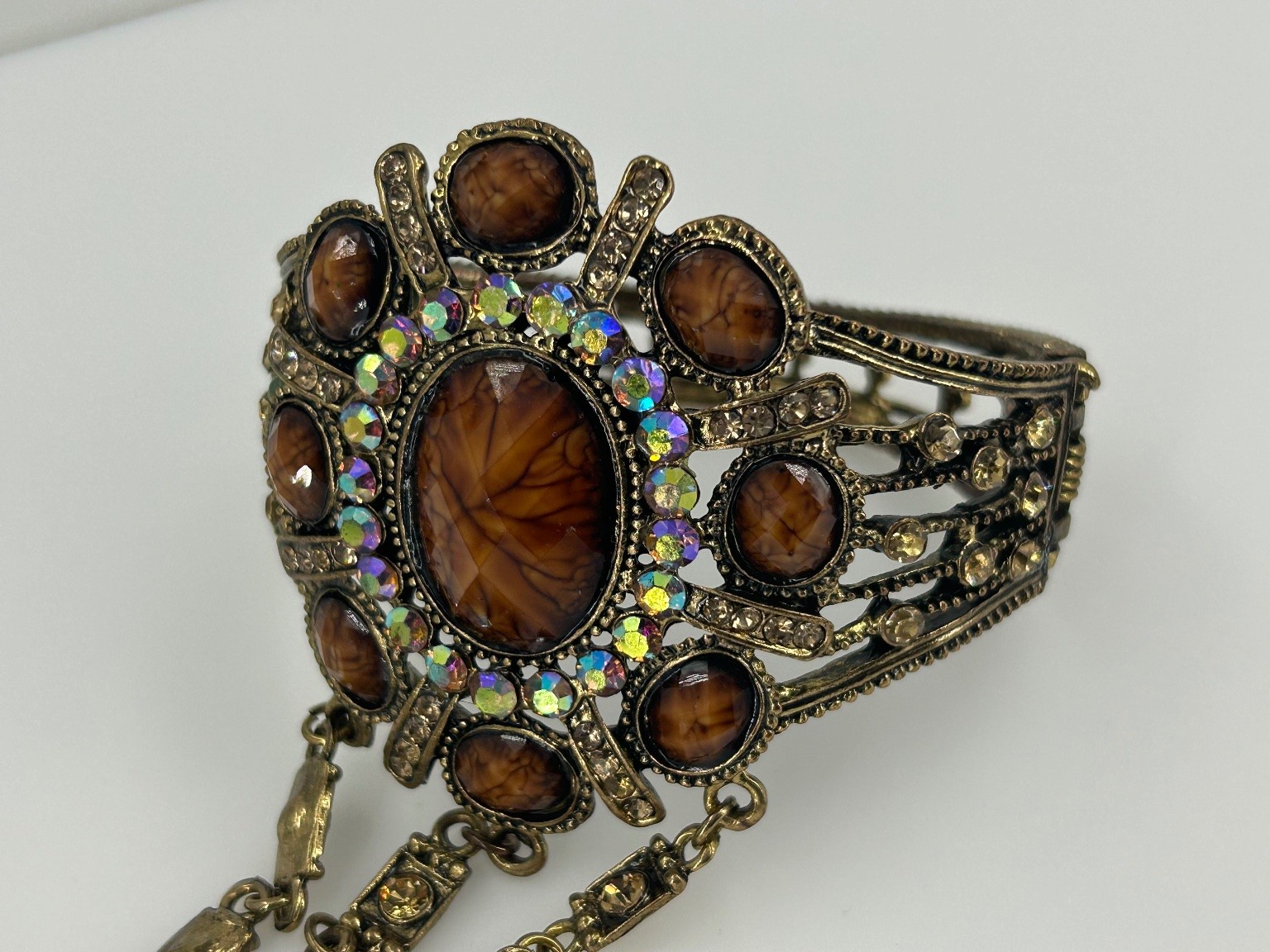 Vintage Slave Bracelet Cuff Ring Set Antiqued Gold Tone Faux Amber AB Crystals
