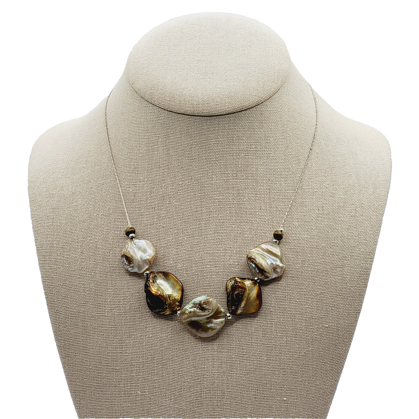 Chunky Mother of Pearl Shell Bead Neutral Color Silver Tone Chain Vtg Necklace