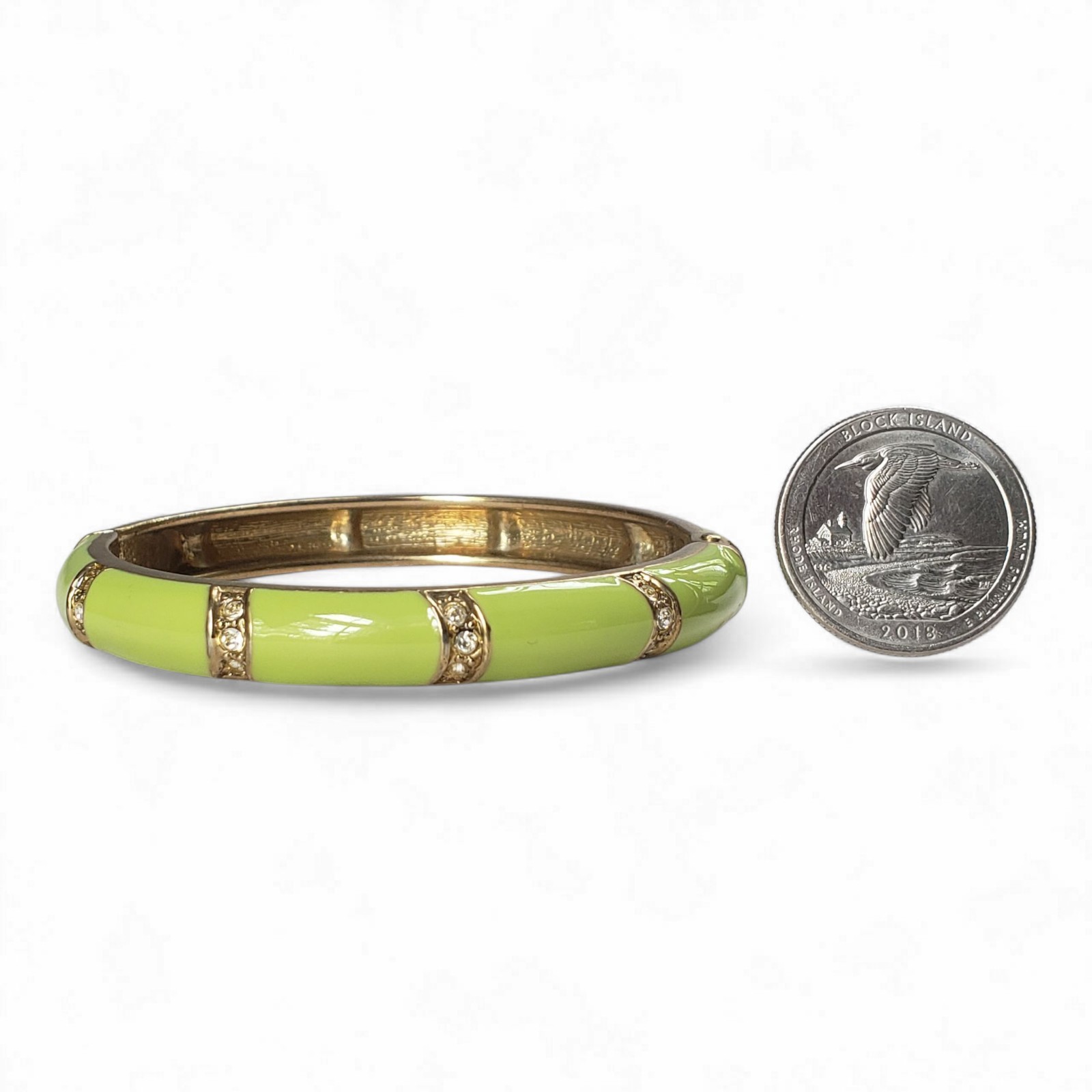 Vintage Glossy Lime Green Enamel & Clear Rhinestones Hinged Bangle Bracelet