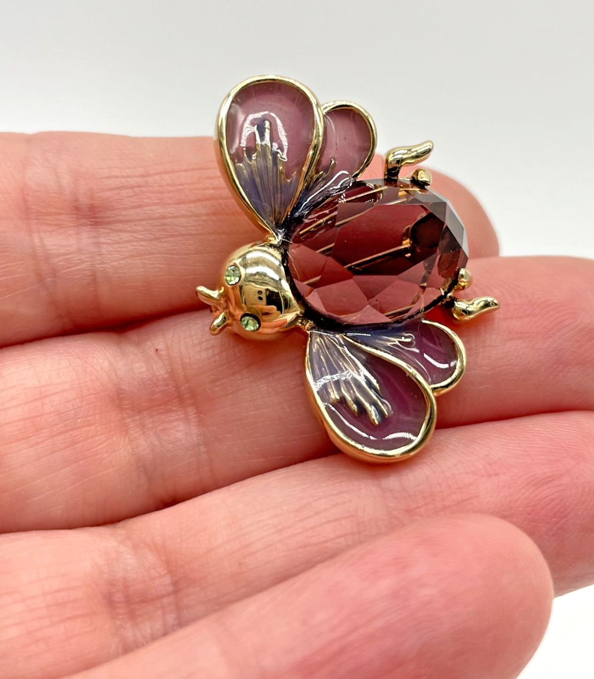 VTG Cute Little Purple Faceted Glass Green Rhinestone Enamel Bug Bee