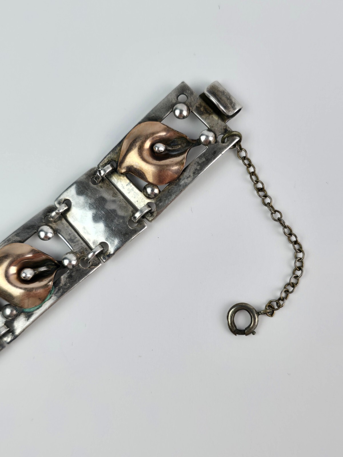 Vintage Sterling Silver & Gold Filled Flower Bud Square Link Bracelet 6.75″