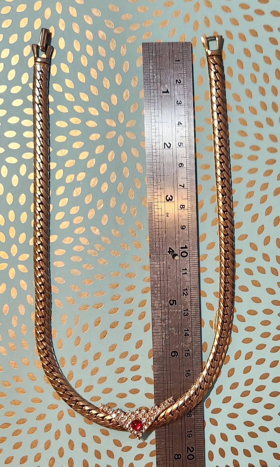 Flat Gold-toned Necklace V Shape Rhinestones Station Pendant & A Red Dot Glass