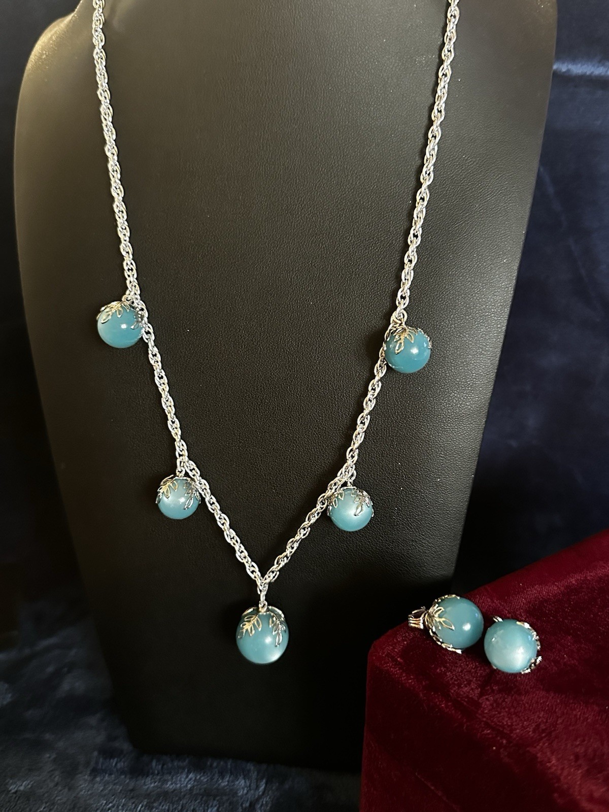 Vintage Germany Blue Moonglow Bead Necklace and Clip On Earring Set MCM 24”