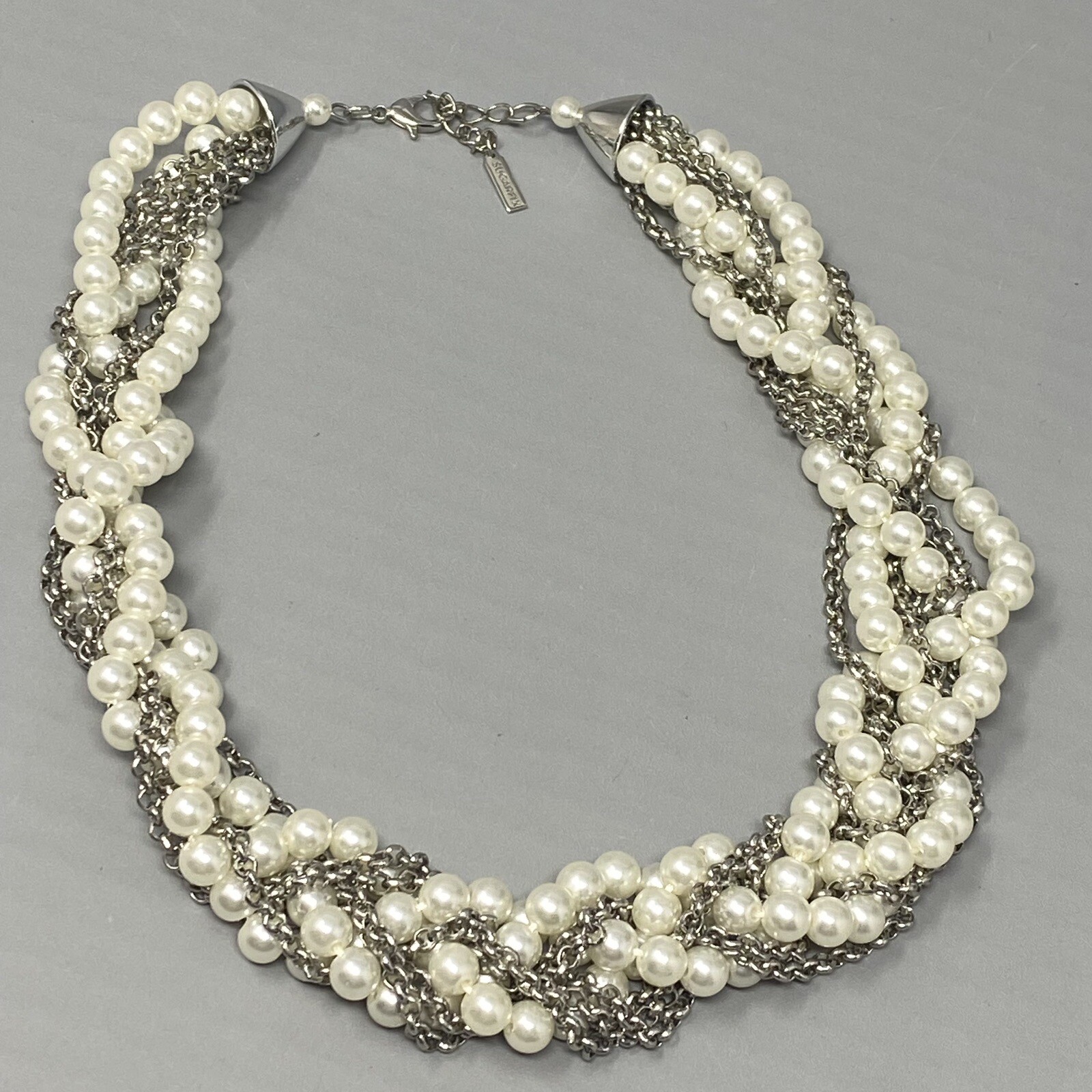 Sugarfix Baublebar Necklace Torsade Imitation Pearl Silver Tone Chain Twist 21″