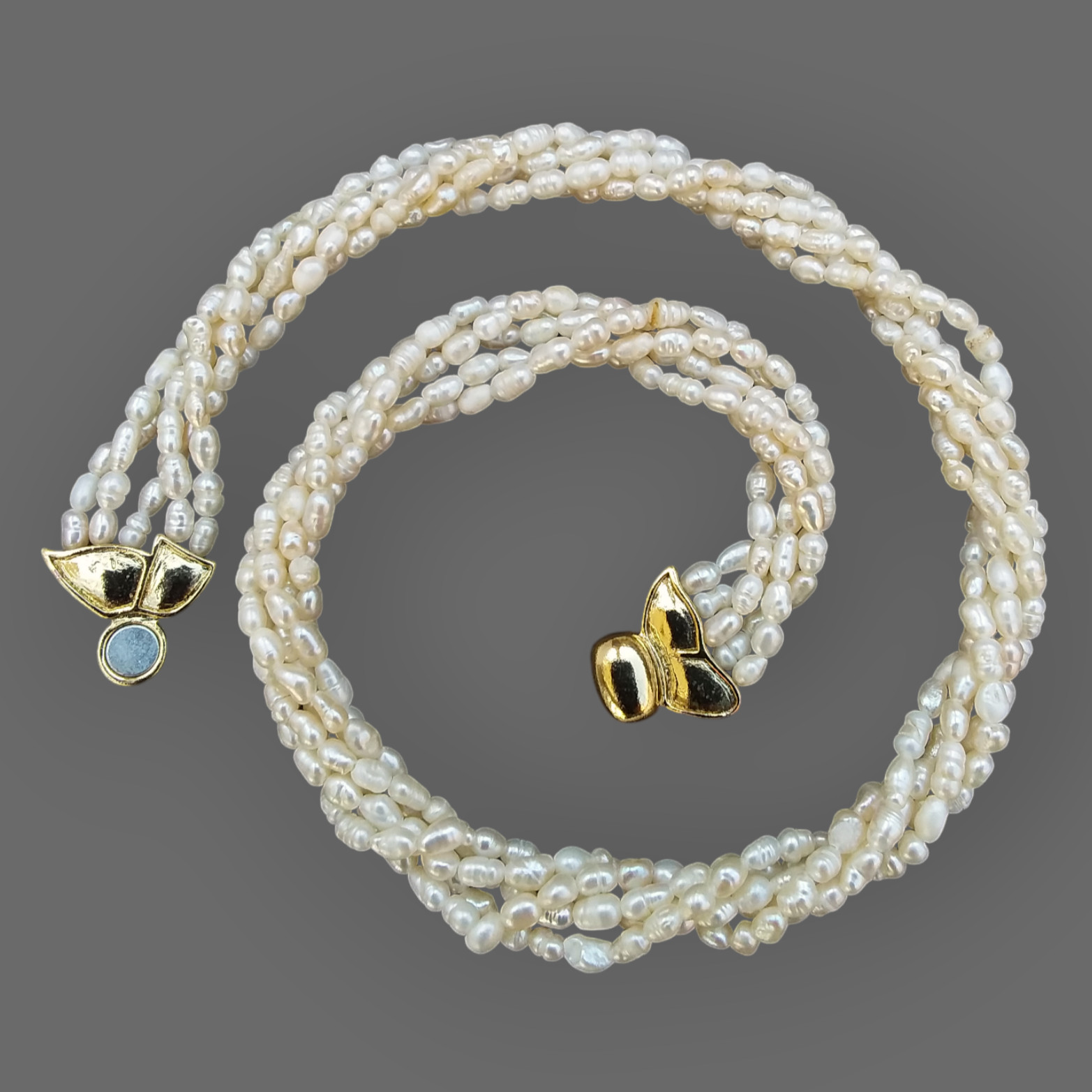 Freshwater Rice Pearls Multi Strand Necklace White Gold Tone Bow Clasp 16.5in