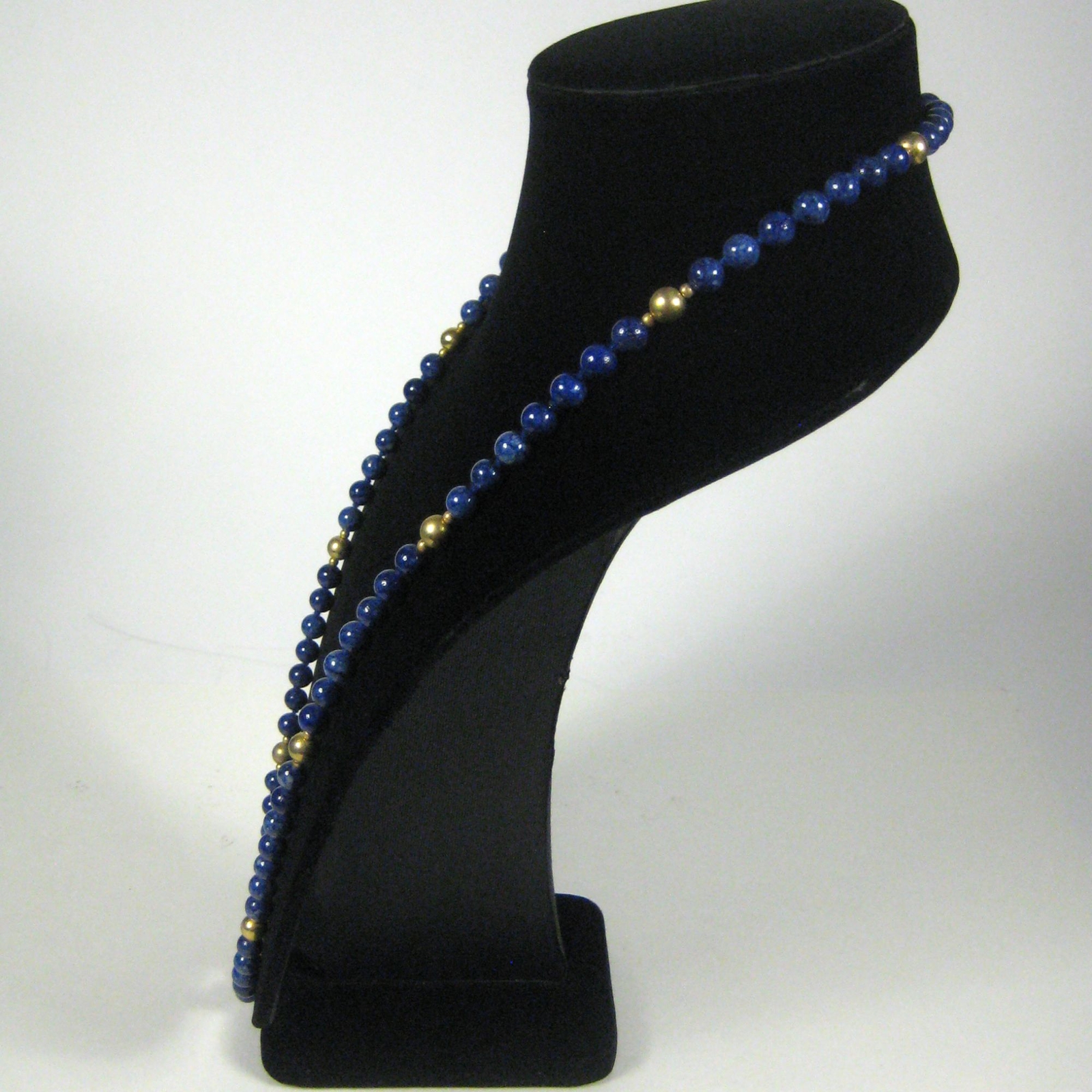 Blue Glass Beaded Necklace 34 inch Strand Hand Knotted Goldtone NO CLASP
