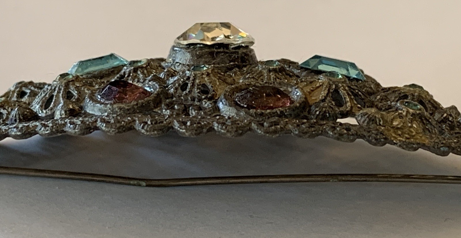 New England Glass Works Antique Brooch Pin Rhinestones Filigree Marked