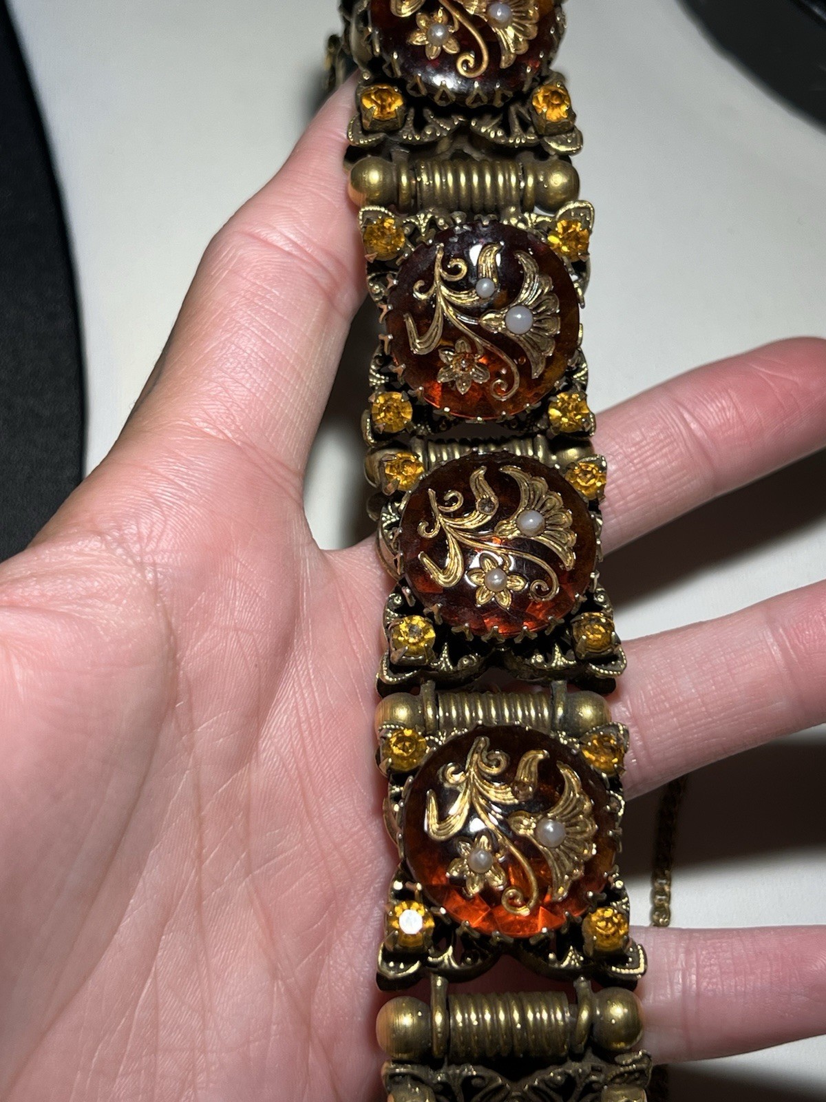 Vintage Chunky Brass Amber & Pearl Lucite Panel Bracelet Size 6.25