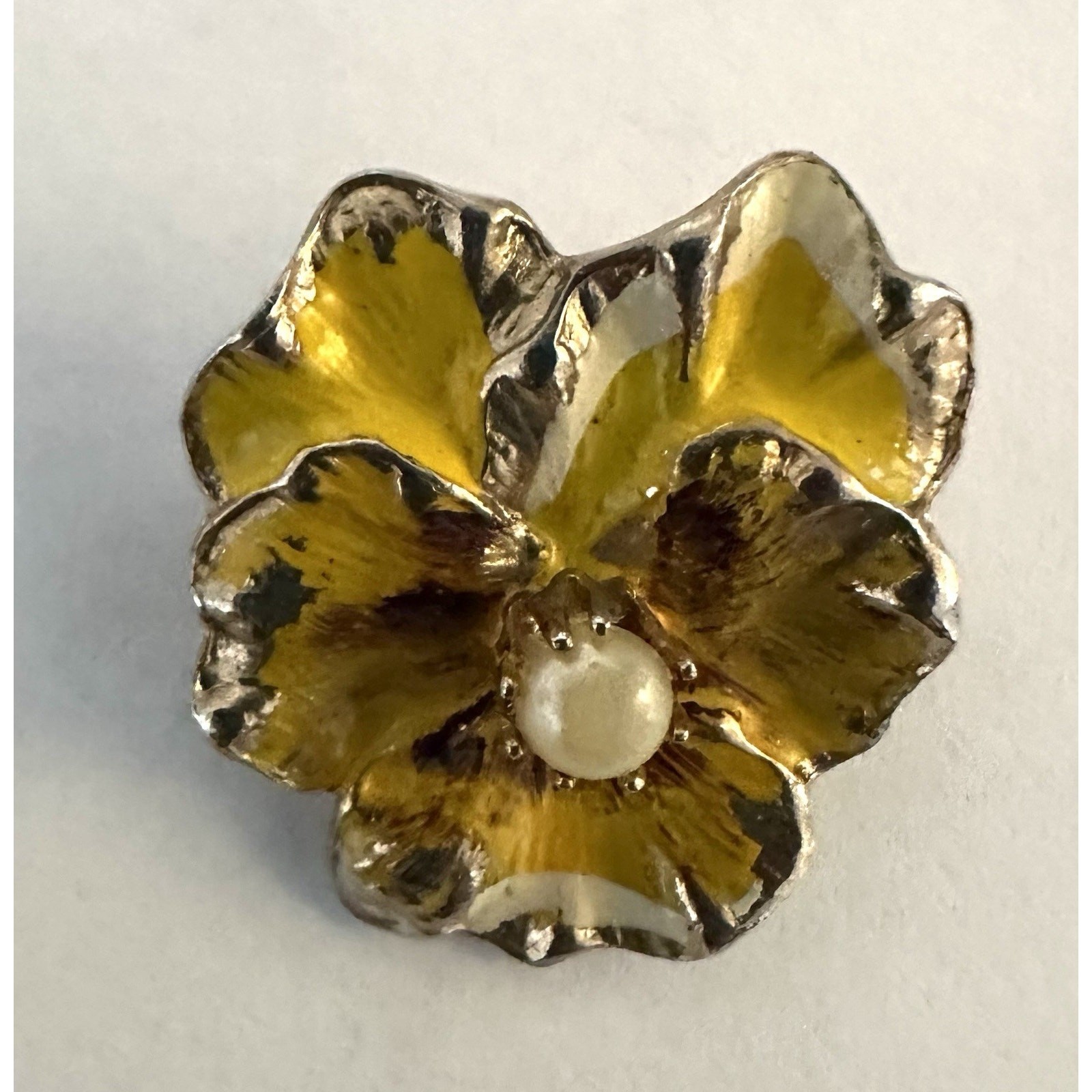 Vtg Pansy Yellow Enamel Pin Scatter Brooch Miniature Gold Tone with Faux Pearl