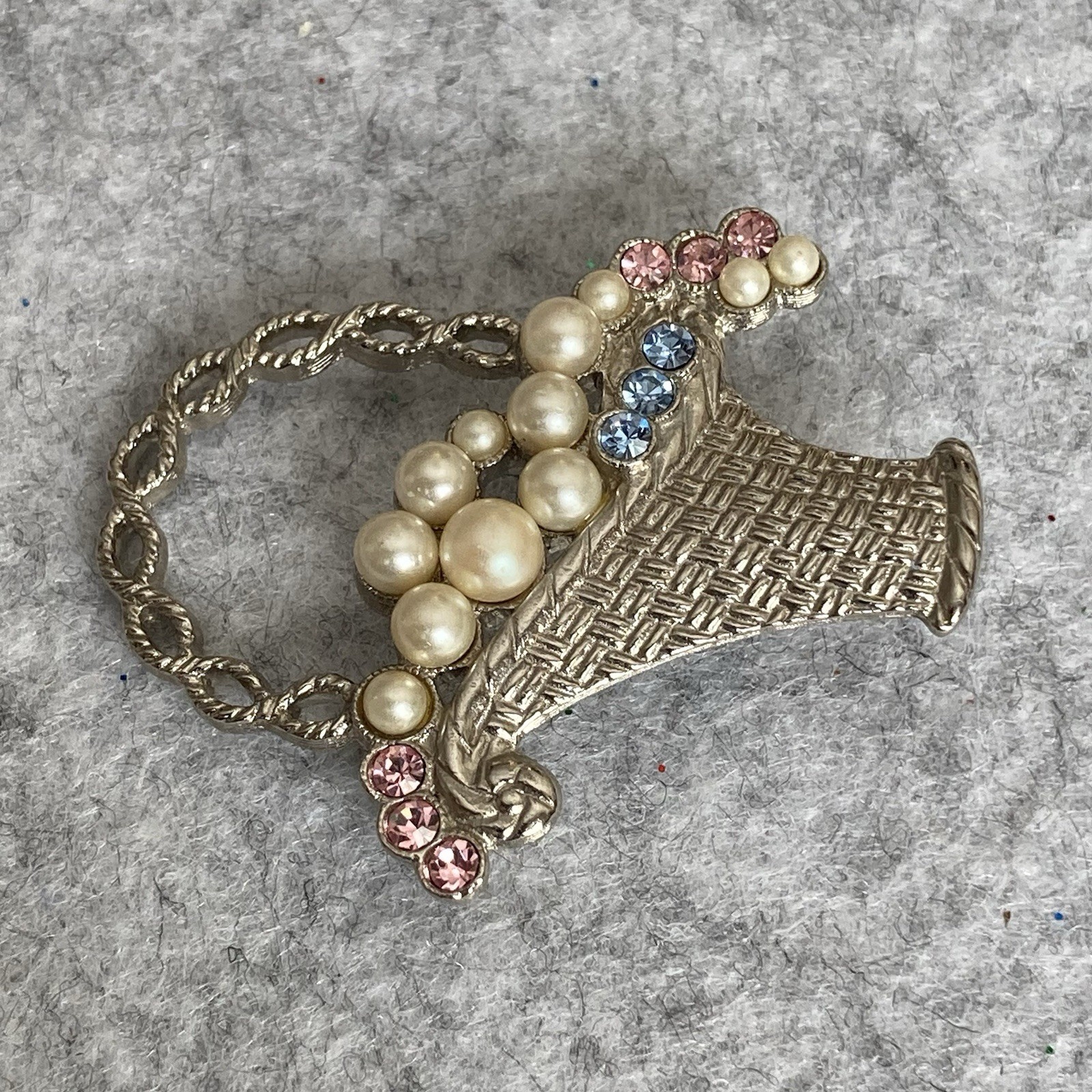 VTG Flower Basket & Wheelbarrow Brooch Lot of 2 Faux Pearls Enamel 1928 Brand