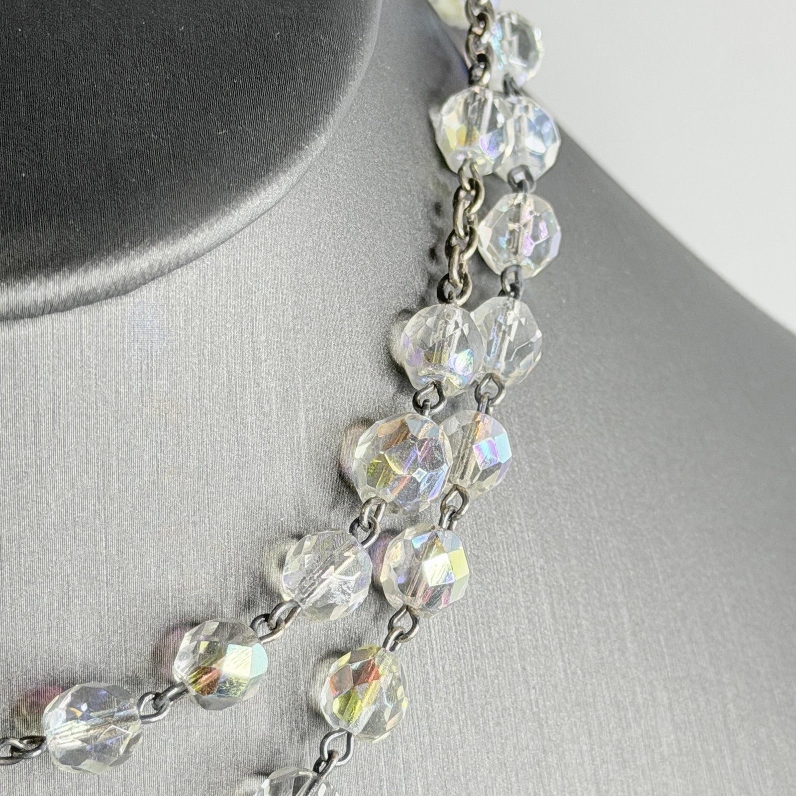 Vintage Clear Crystal Beaded Rosary Necklace Y Drop Cross Roma Italy 21in